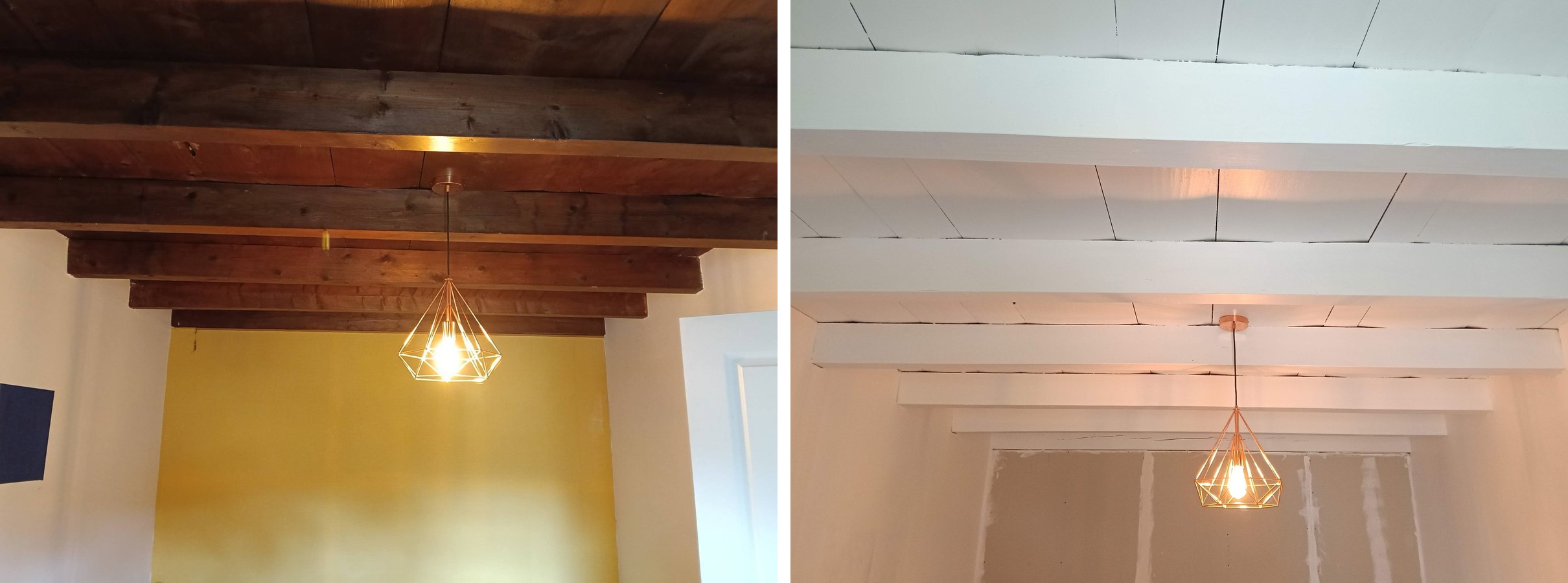Peindre un plafond bois en blanc à Hauteville-Lompnès — avant / après