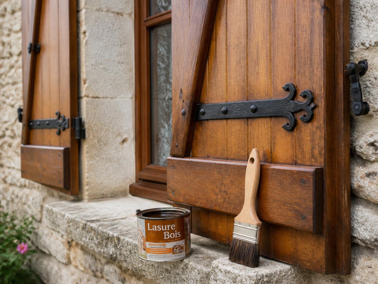 Application de lasure au pinceau sur volets battants en bois d'une maison en pierre — Bugey