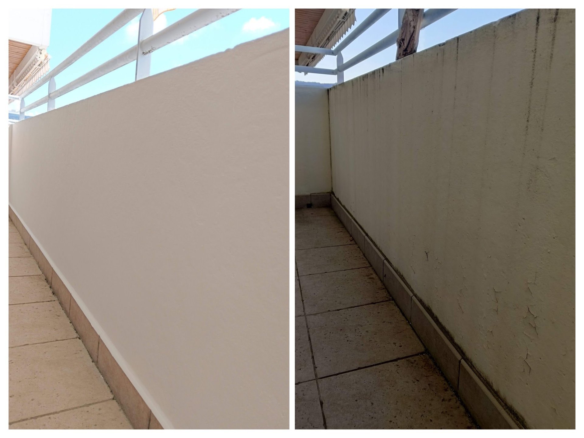 Retouche peinture d'un mur de balcon, avant et après