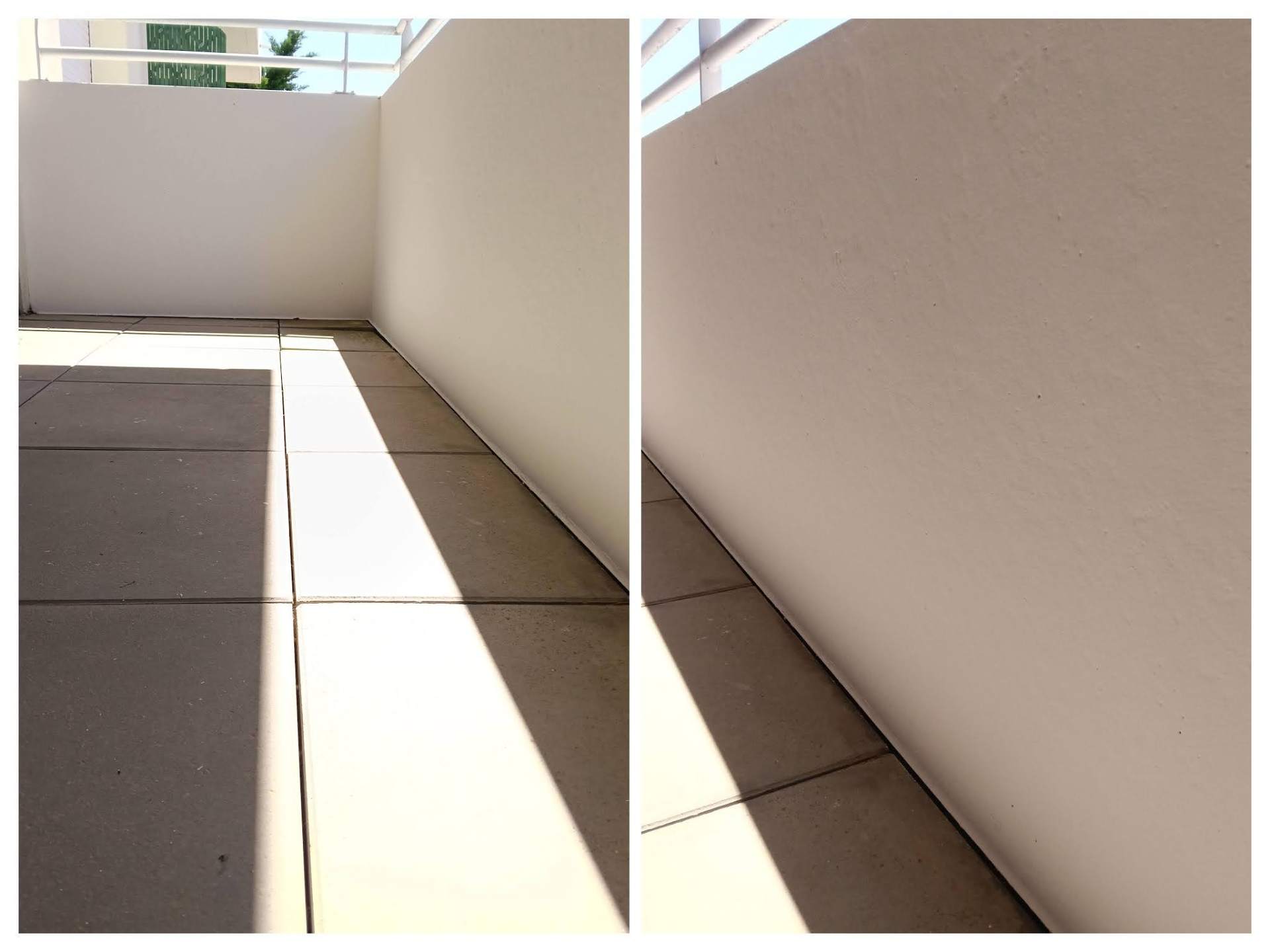 Retouche peinture d'un mur de balcon, avant et après