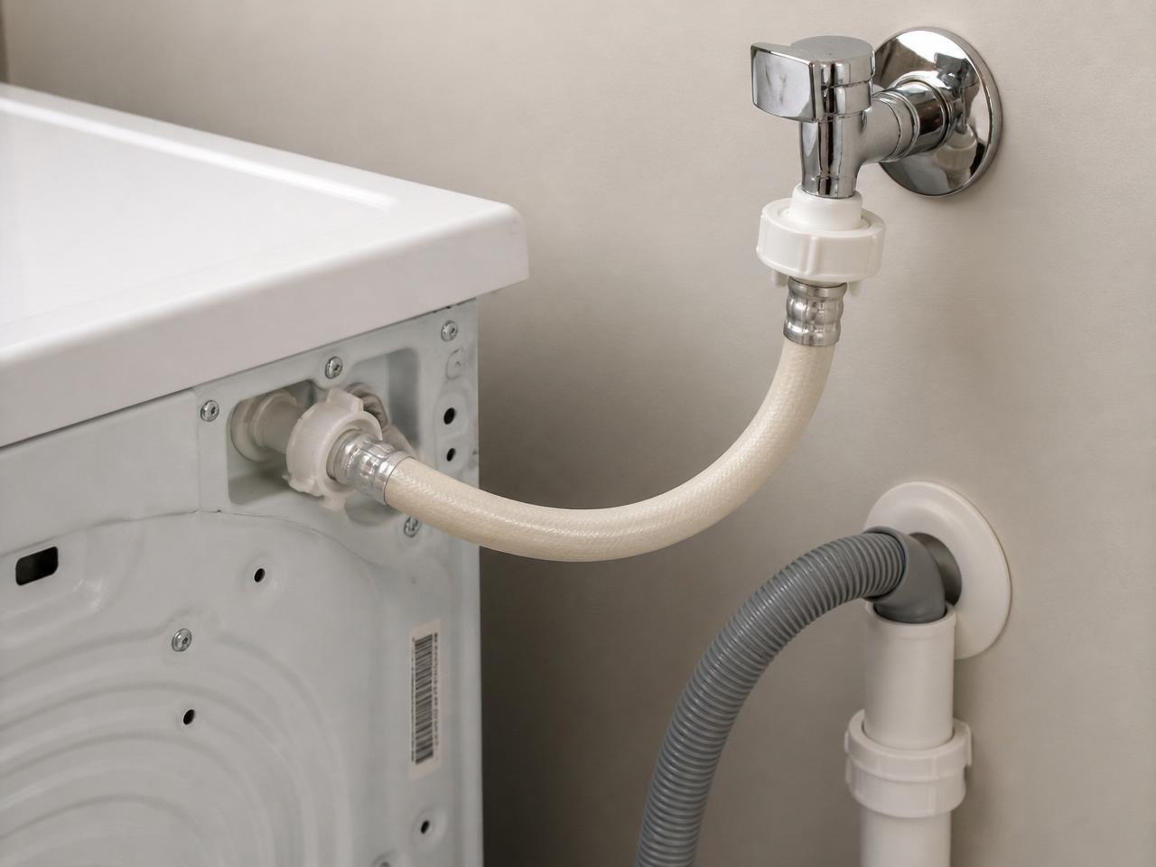 Raccordement d'un lave-linge — flexible d'alimentation sur robinet et tuyau d'évacuation dans le siphon