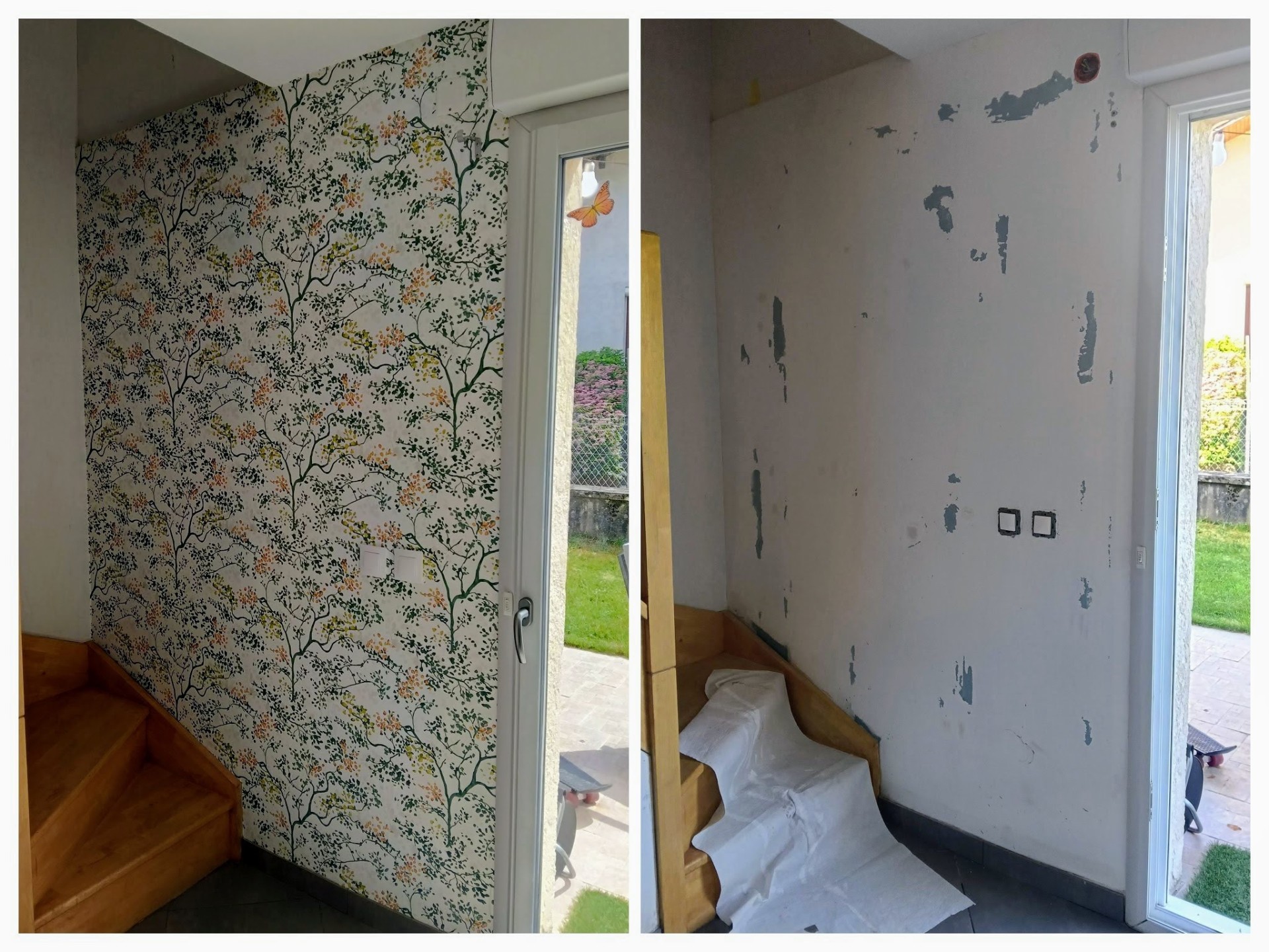 Dépose ancienne tapisserie et pose papier peint floral — avant / après, Aix-les-Bains