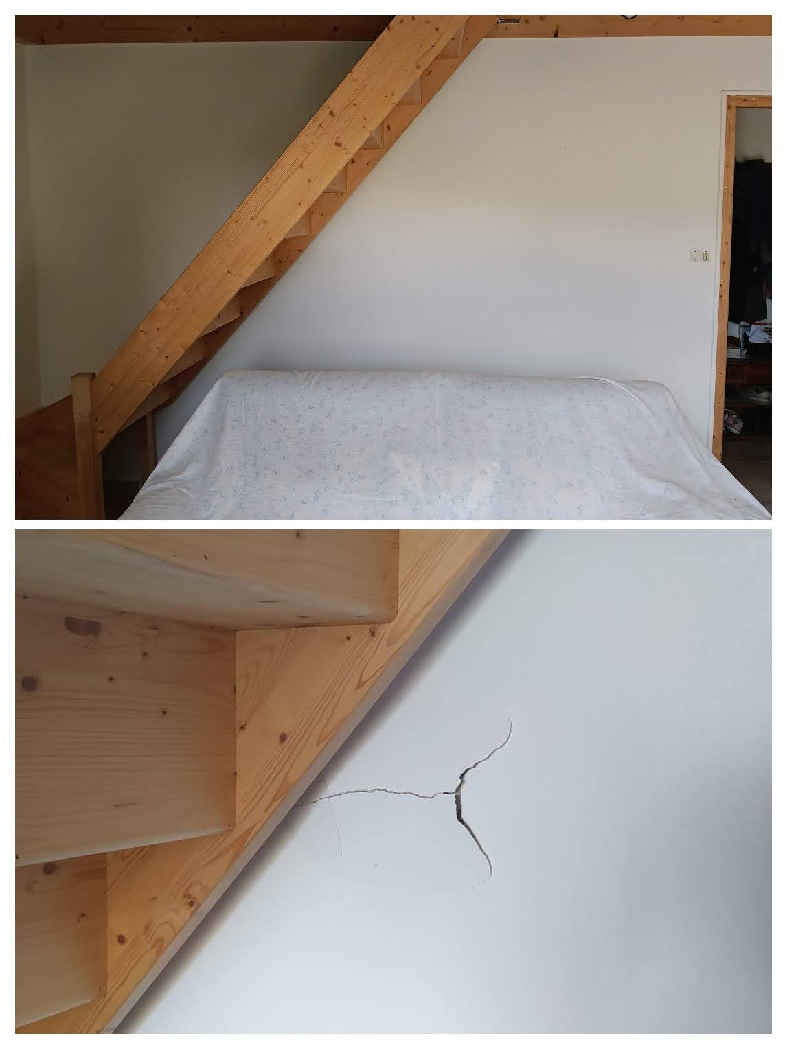Rebouchage d'une fissure de mur sous escalier et retouche peinture — Bugey