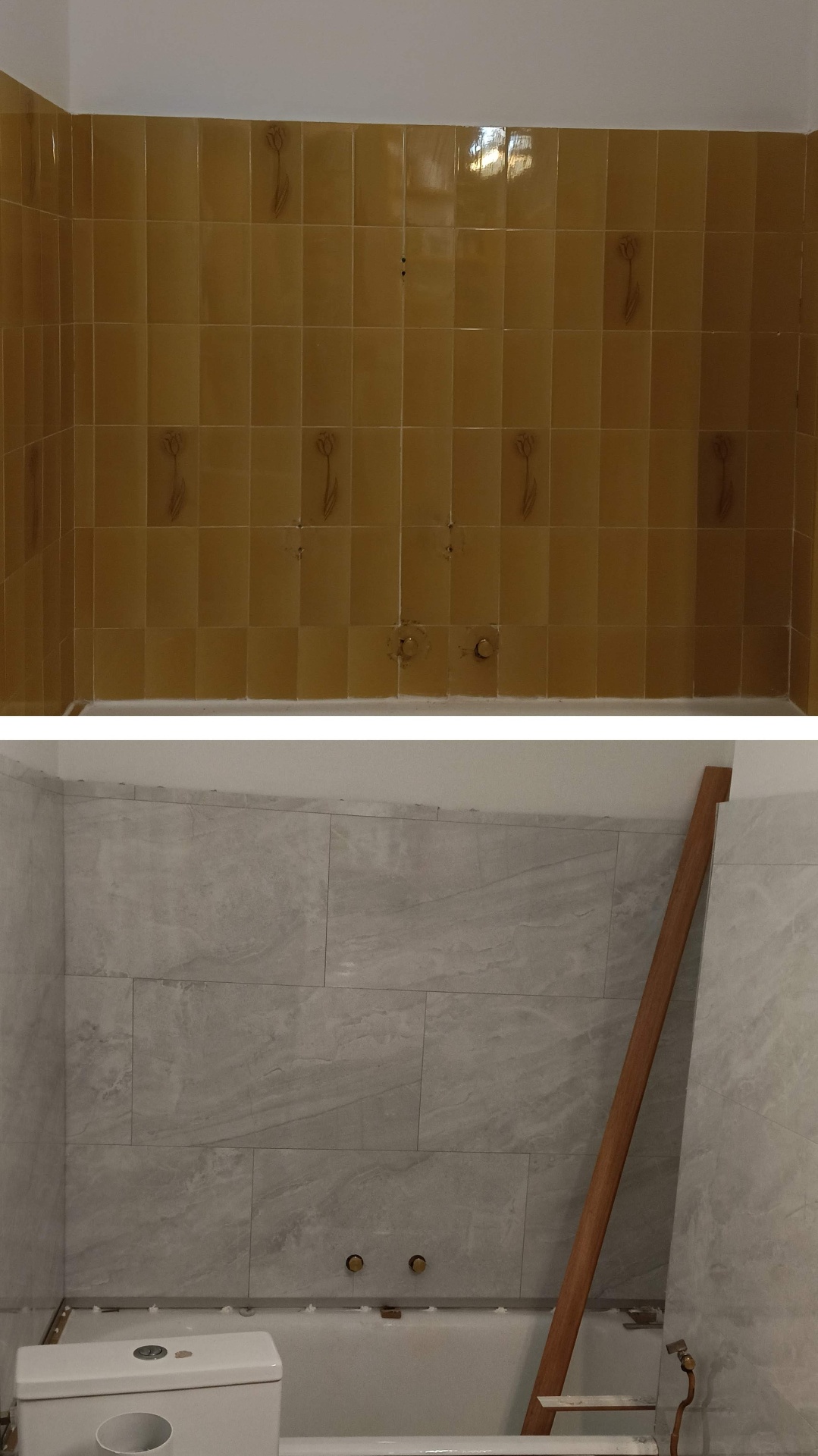 Pose de dalles PVC effet marbre autour d'une baignoire — Belley